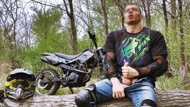 Handsome BIKER while riding a MOTORCYCLE in the forest JERKS OFF and CUMS in public boy amateur boys porn big cock boys hunk boys